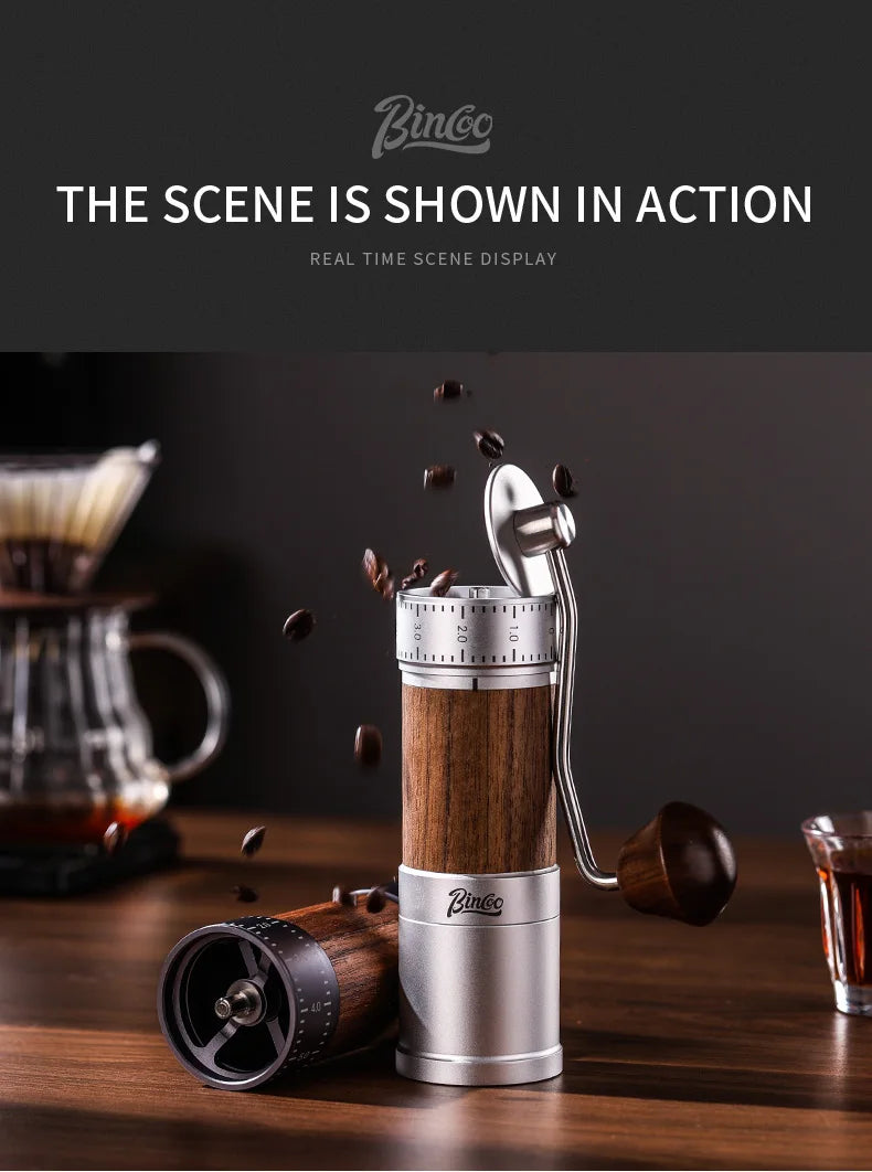 Bincoo Manual Coffee Grinder 38mm CNC 420 6-Star Steel Burr 9-Grade External Adjustment Aluminum Body for Precise Hand Grinding