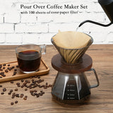 Pour Over Coffee Maker Set, 20 oz Borosilicate Glass Carafe with 100 pcs V02 Paper Filter, Walnut Handle & Glass Lid, Gray