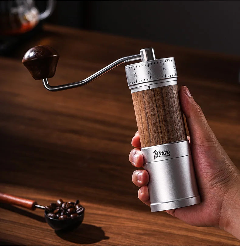 Bincoo Manual Coffee Grinder 38mm CNC 420 6-Star Steel Burr 9-Grade External Adjustment Aluminum Body for Precise Hand Grinding