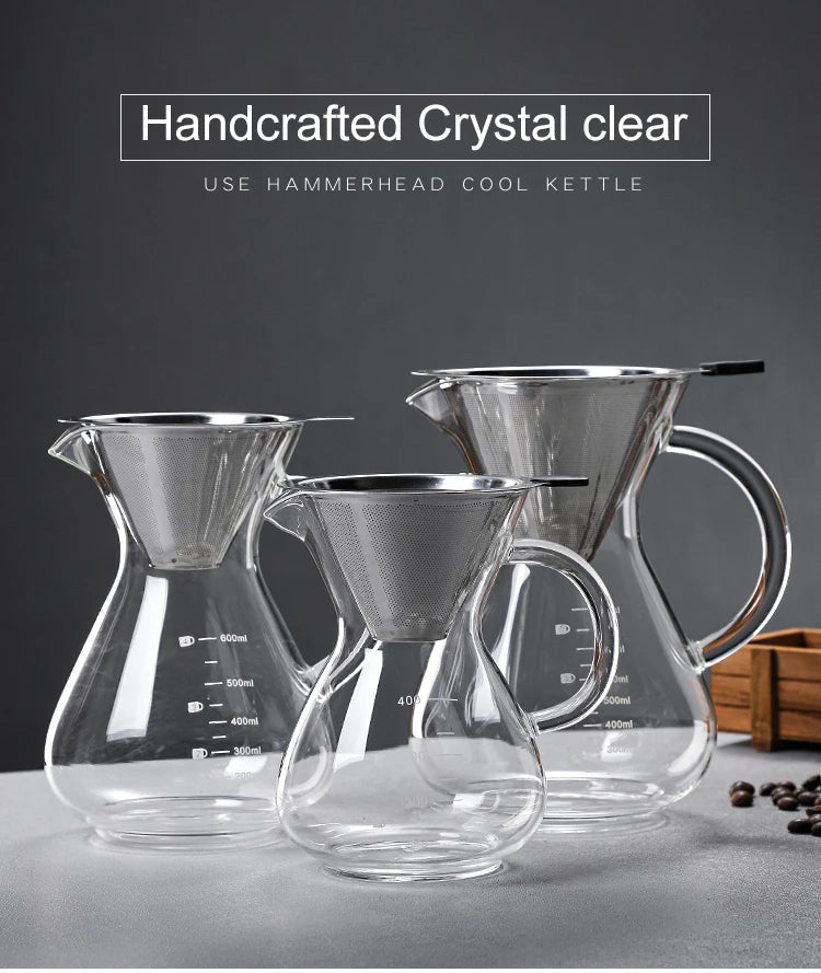 High Borosilicate Glass Coffee Sharing Pot, Pour Over Coffee Maker Set with Drip & Cold Brew Filter, Home Manual Coffee Brewer