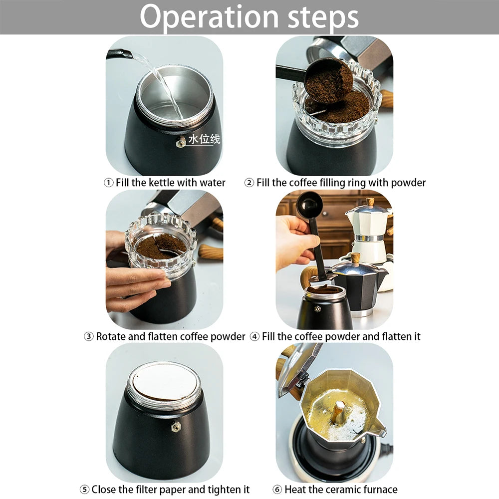 Classic coffee mocha pot with handle, reusable filter, manual operation, suitable for home kitchen