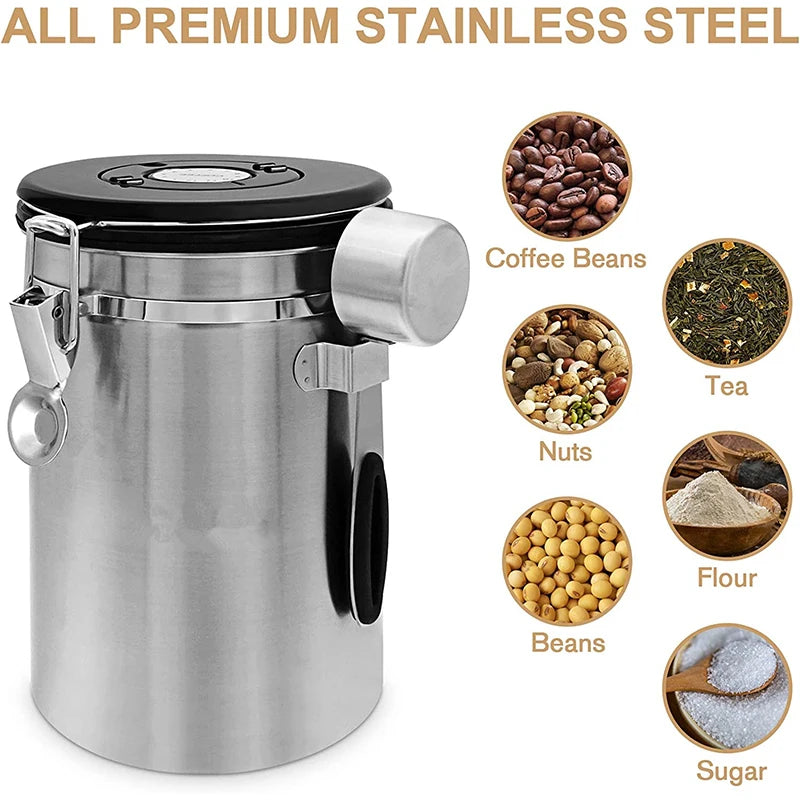 LMETJMA 1.8L Coffee Canister For Ground Coffee Stainless Steel Coffee Storage Canisters With Scoop for Beans Sugar Tea JT152