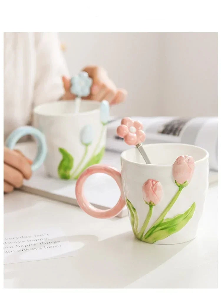 500ml 3D Tulip Pattern Ceramics Mug with Spoon Hand Carved Comfortable handle Coffee Cup Breakfast Milk oatmeal cup Girl Gift
