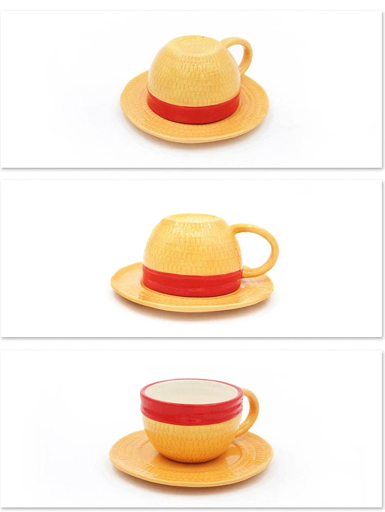 Anime Coffee Mug with Saucer Creative Luffy Ace Sabo Three Brothers Hat Shaped Ceramic Coffee Cup Child's Birthday Gift Cup