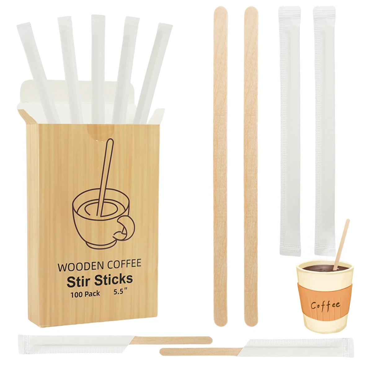 100/200pcs Individually Packaged Wooden Coffee Stirrers Disposable Eco-Friendly Stirrers for Coffee Cocktails Hot Beverages
