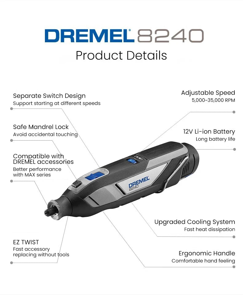 Dremel Cordless Electric Grinder 8240 N-5 12V Lithium-Ion Battery Variable Speed Rotary Tool for Polishing Grinding Cutting Sand