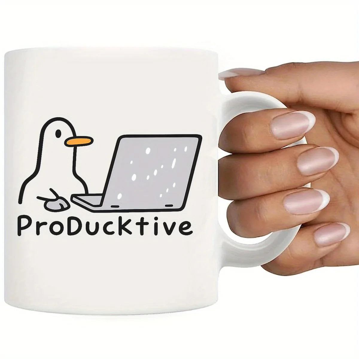 ProDucktive Funny Duck Coffee Mug - Cute Duck with Laptop Design,  Ceramic Travel Mug with Handle, Hand Wash Only, Reusable