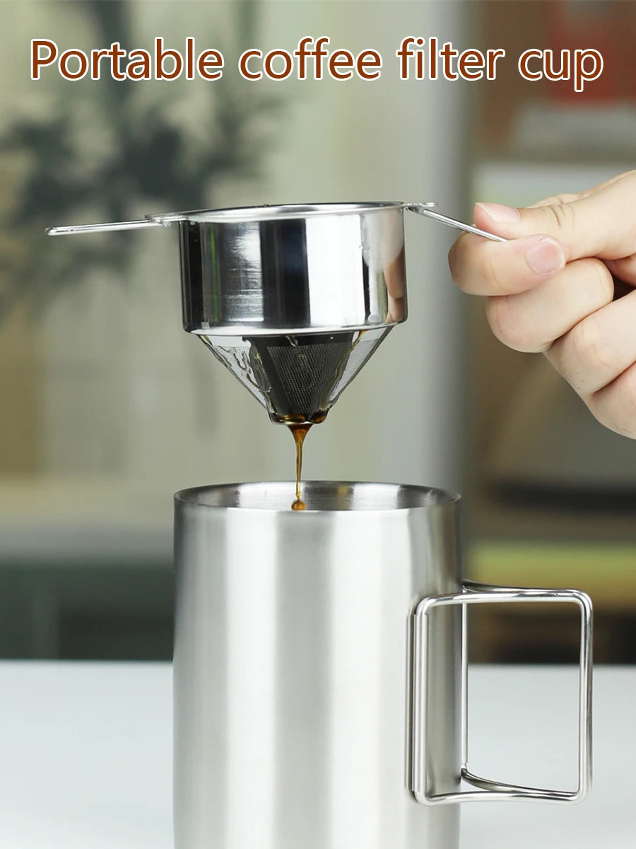 Stainless steel folding ear filter cup, no filter paper, easy to carry and clean funnel, outdoor camping coffee utensils