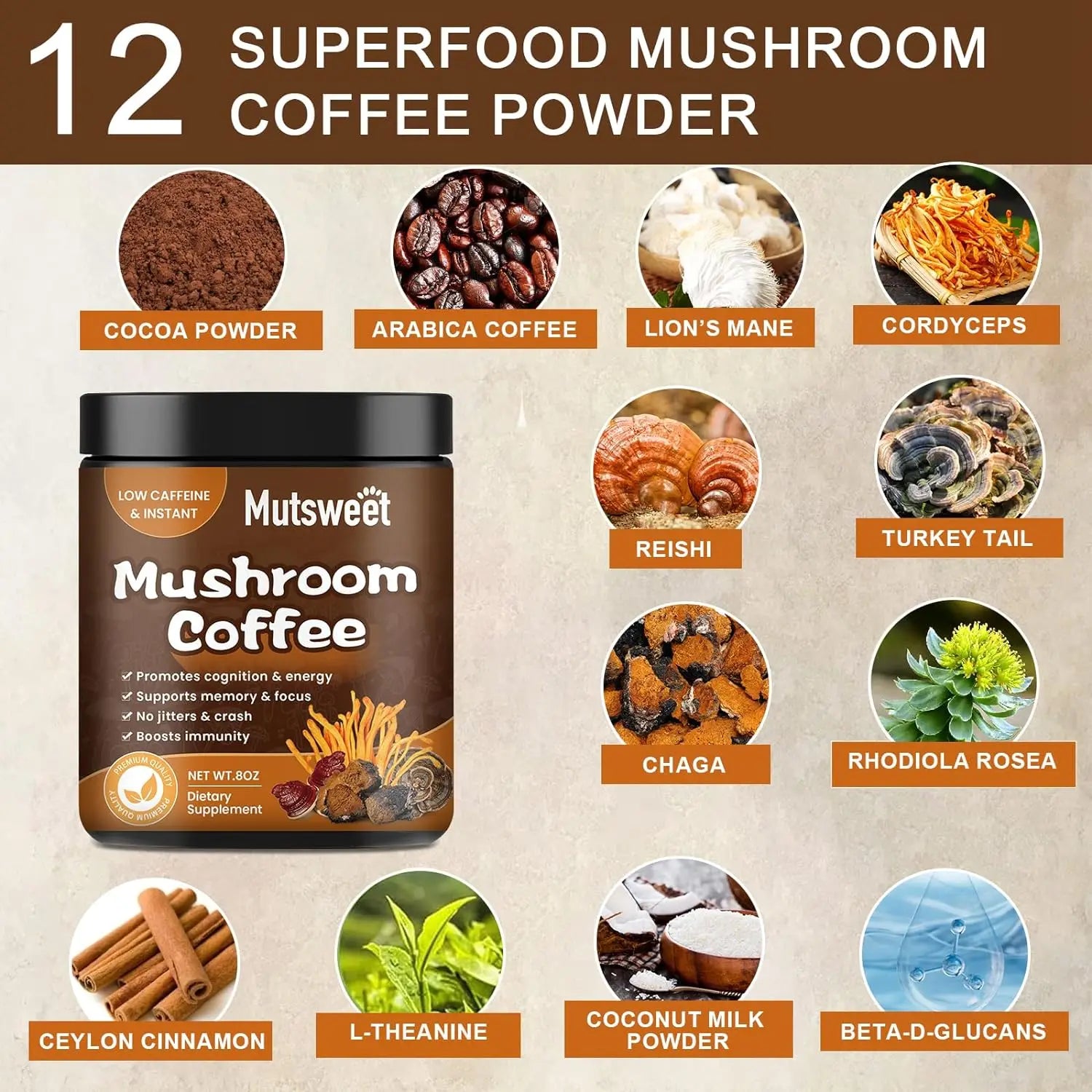 MUTSWEET Lion's Mane Mushroom Coffee Supplement with Reishi,Cordyceps&Turkey Tail-Energy,Mental Clarity&Focus,Brain Booster