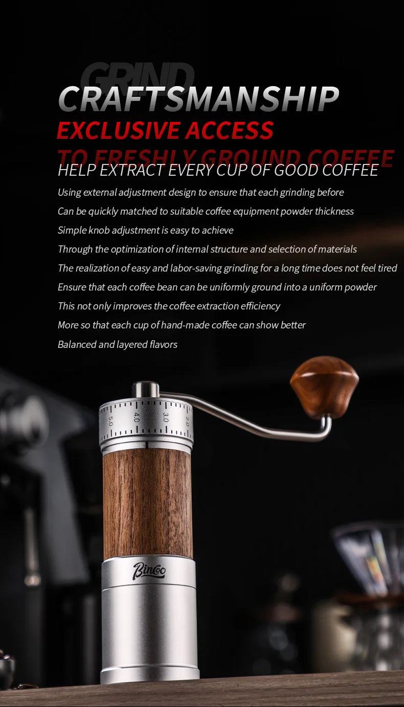 Bincoo Manual Coffee Grinder 38mm CNC 420 6-Star Steel Burr 9-Grade External Adjustment Aluminum Body for Precise Hand Grinding