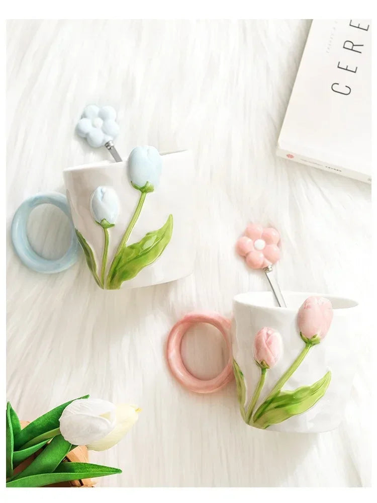 500ml 3D Tulip Pattern Ceramics Mug with Spoon Hand Carved Comfortable handle Coffee Cup Breakfast Milk oatmeal cup Girl Gift