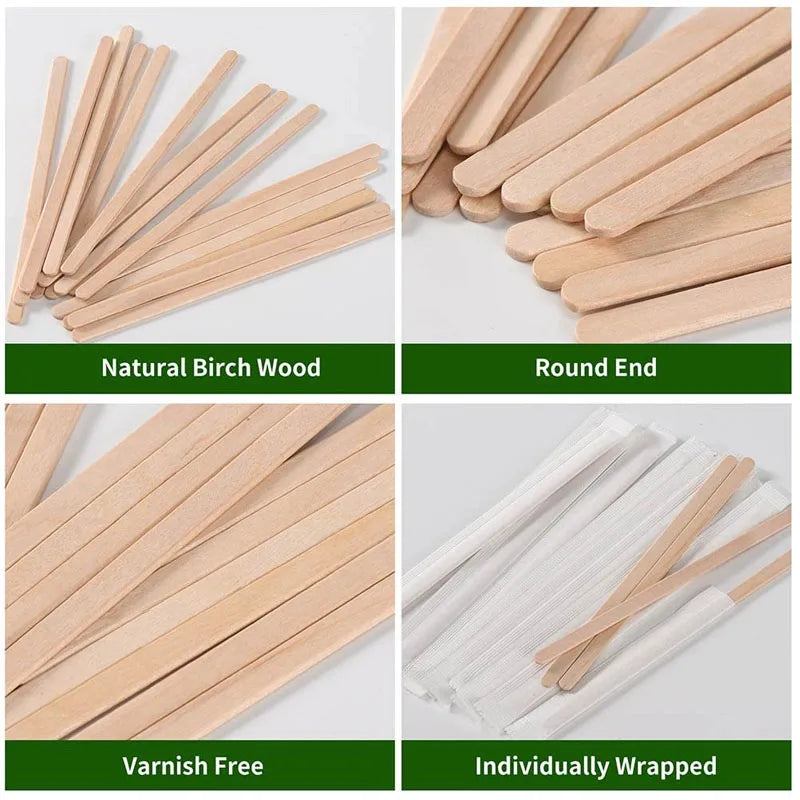 100/200pcs Individually Packaged Wooden Coffee Stirrers Disposable Eco-Friendly Stirrers for Coffee Cocktails Hot Beverages