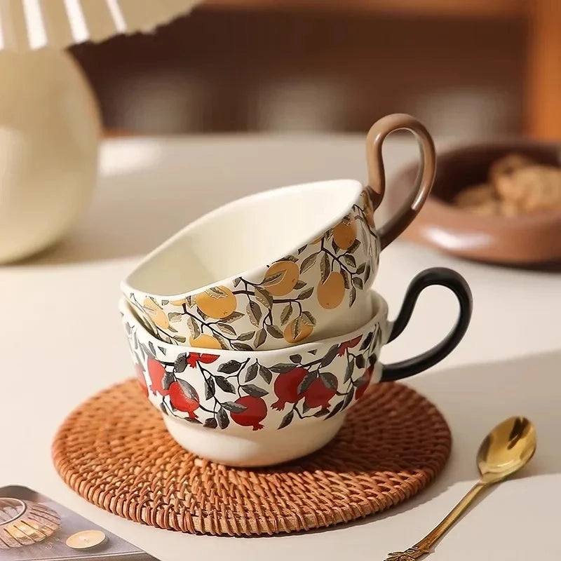 Vintage Lemon Pomegranate Ceramic Mug Dish Set Creative Handle Coffee Latte Mug Juice Cup Milk Cup Household Tea Cup Water Cups