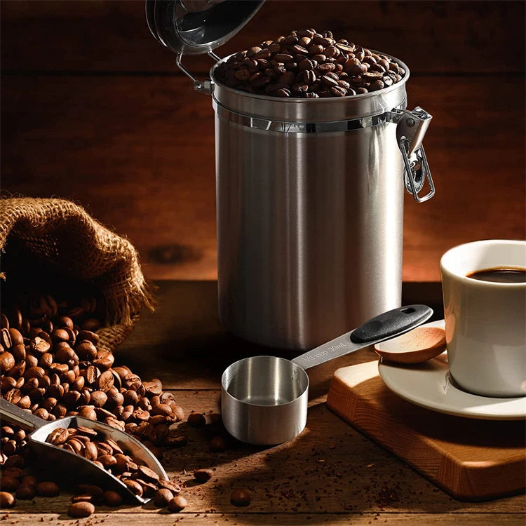 LMETJMA 1.8L Coffee Canister For Ground Coffee Stainless Steel Coffee Storage Canisters With Scoop for Beans Sugar Tea JT152