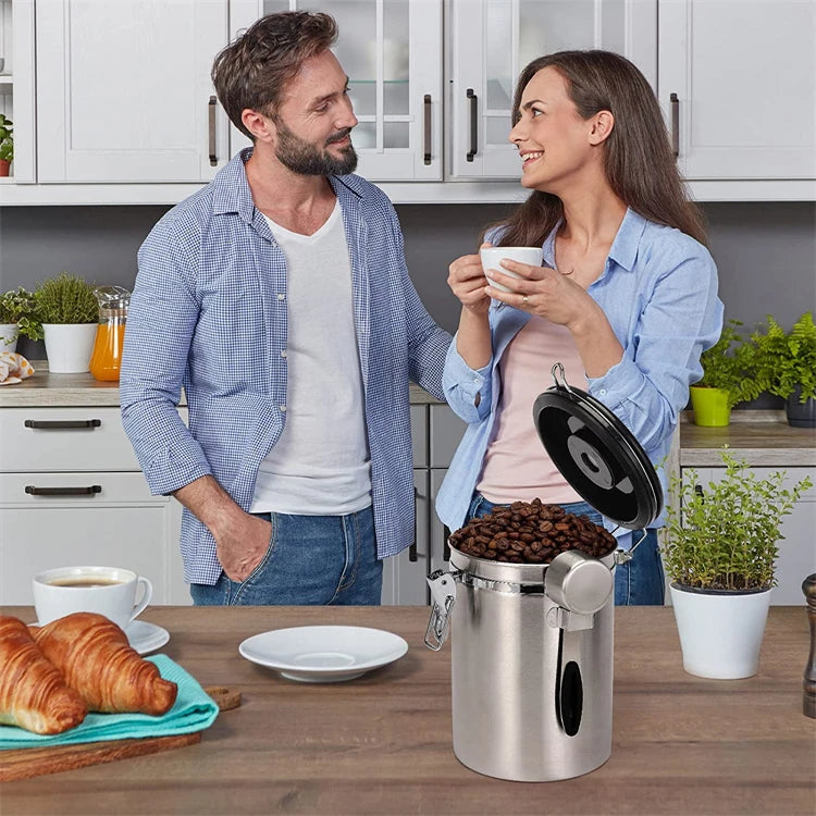 LMETJMA 1.8L Coffee Canister For Ground Coffee Stainless Steel Coffee Storage Canisters With Scoop for Beans Sugar Tea JT152