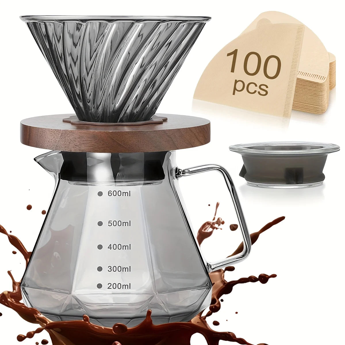 Pour Over Coffee Maker Set, 20 oz Borosilicate Glass Carafe with 100 pcs V02 Paper Filter, Walnut Handle & Glass Lid, Gray