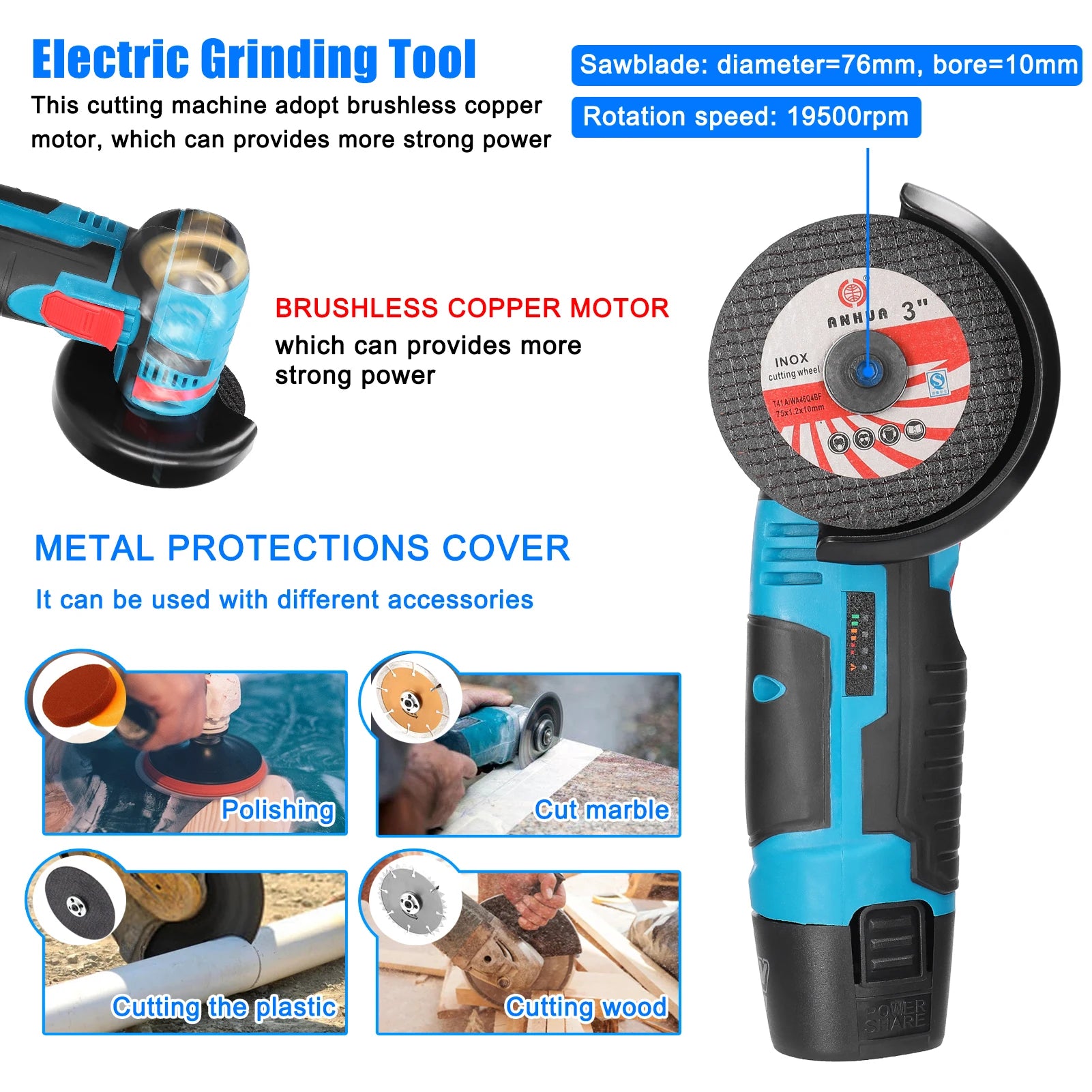 19500rpm Multifunctional Mini Grinder Electric Grinding Tool Handheld Cutter for Cutting Polishing Ceramic Tile Wood Stone Steel