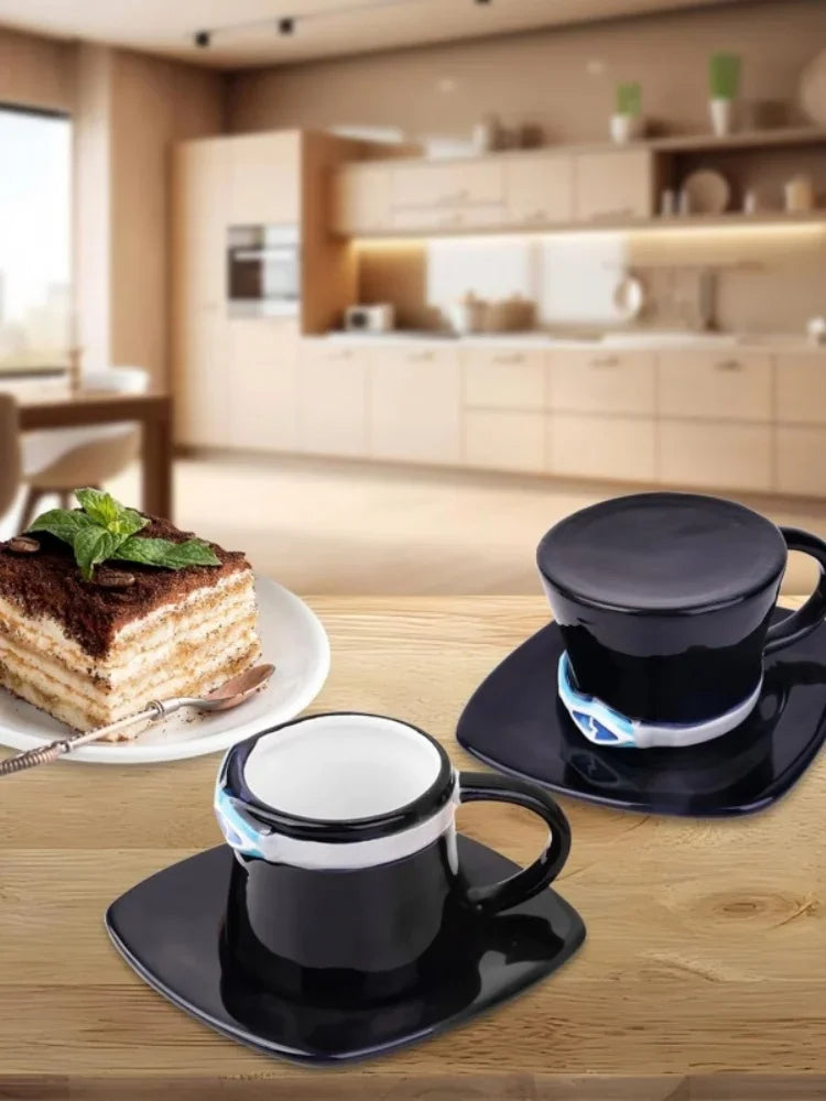 Anime Coffee Mug with Saucer Creative Luffy Ace Sabo Three Brothers Hat Shaped Ceramic Coffee Cup Child's Birthday Gift Cup