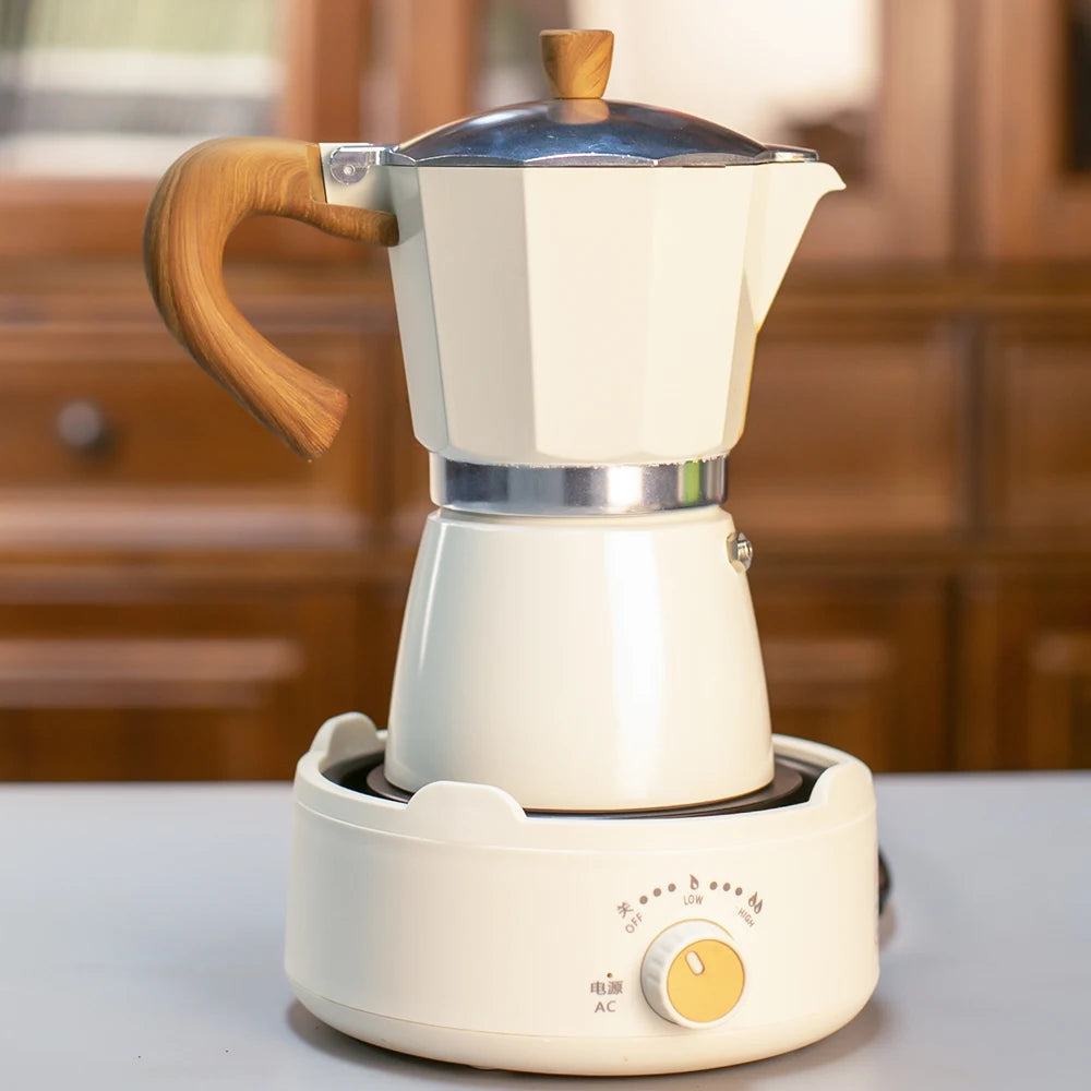 Classic coffee mocha pot with handle, reusable filter, manual operation, suitable for home kitchen