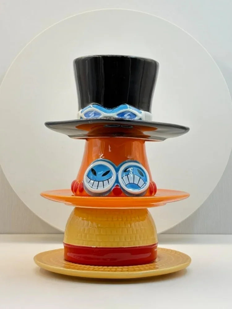 Anime Coffee Mug with Saucer Creative Luffy Ace Sabo Three Brothers Hat Shaped Ceramic Coffee Cup Child's Birthday Gift Cup