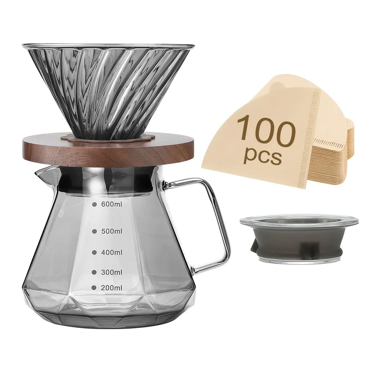 Pour Over Coffee Maker Set, 20 oz Borosilicate Glass Carafe with 100 pcs V02 Paper Filter, Walnut Handle & Glass Lid, Gray