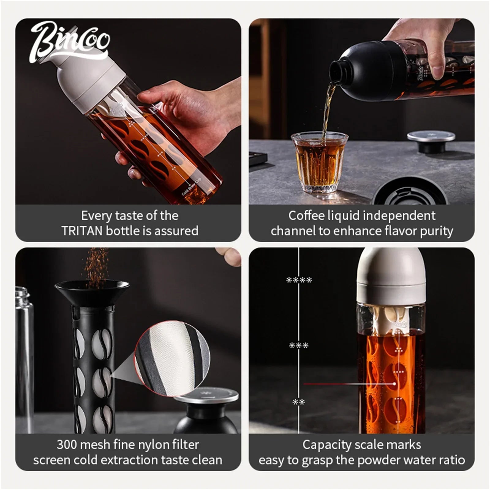 Bincoo Professional Cold Brew Coffee Maker, Safe Tritan Construction, Fine Mesh Filter, Temperature Resistant Portable Brewer