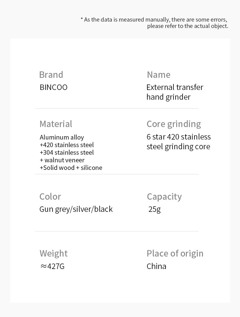 Bincoo Manual Coffee Grinder 38mm CNC 420 6-Star Steel Burr 9-Grade External Adjustment Aluminum Body for Precise Hand Grinding