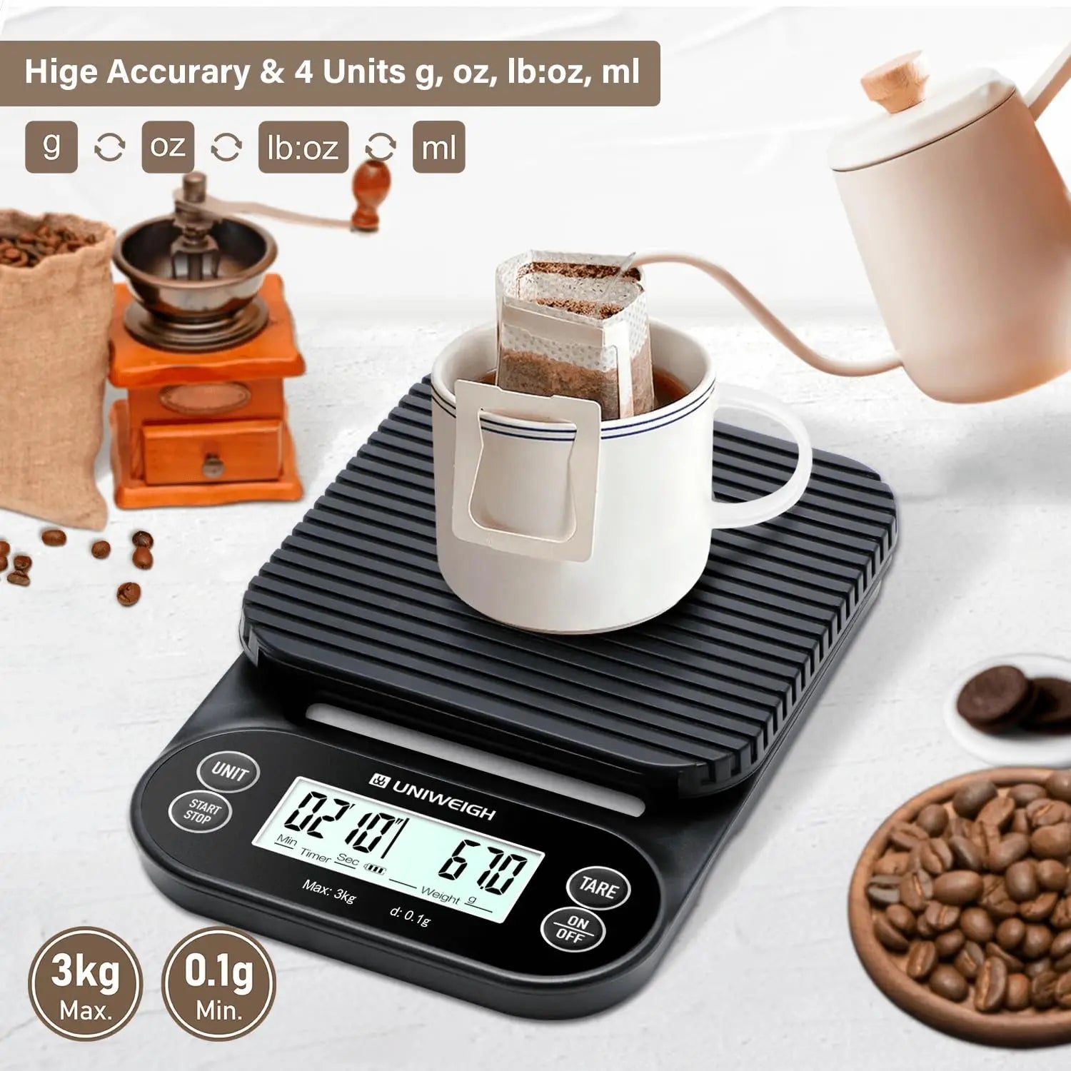3kg/0.1g High-Precision Electronic Coffee Scale with Timer, Automatic Shut-Off/Tare Function, LCD Display Kitchen Scale