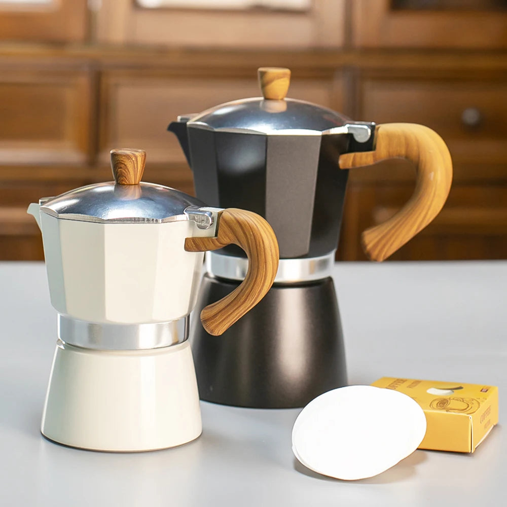 Classic coffee mocha pot with handle, reusable filter, manual operation, suitable for home kitchen