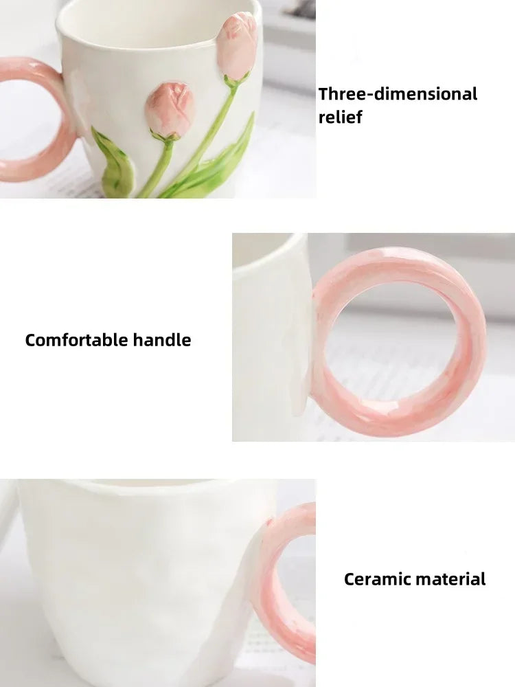 500ml 3D Tulip Pattern Ceramics Mug with Spoon Hand Carved Comfortable handle Coffee Cup Breakfast Milk oatmeal cup Girl Gift