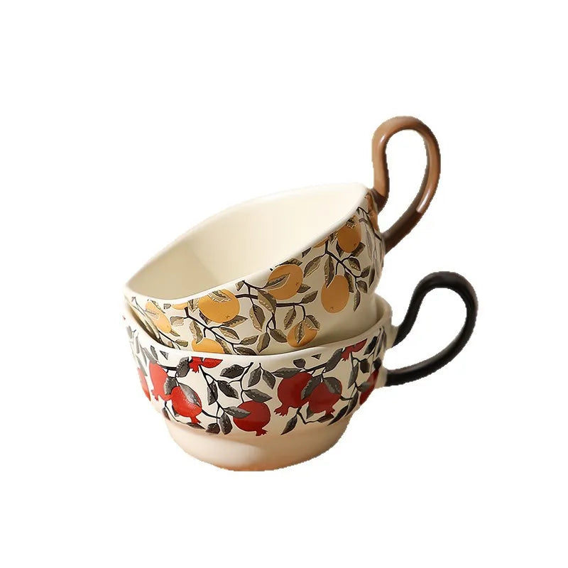 Vintage Lemon Pomegranate Ceramic Mug Dish Set Creative Handle Coffee Latte Mug Juice Cup Milk Cup Household Tea Cup Water Cups