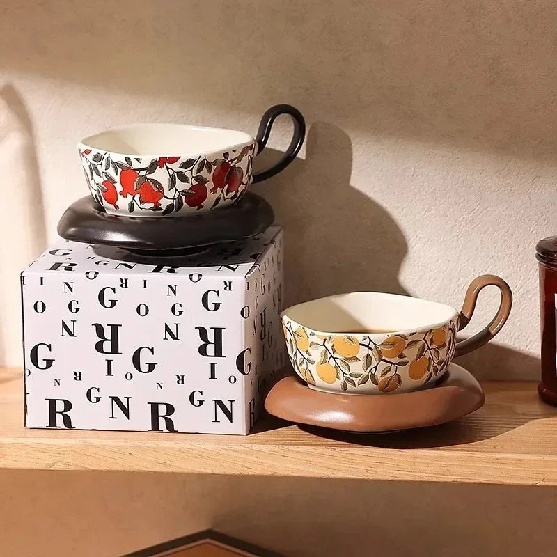 Vintage Lemon Pomegranate Ceramic Mug Dish Set Creative Handle Coffee Latte Mug Juice Cup Milk Cup Household Tea Cup Water Cups