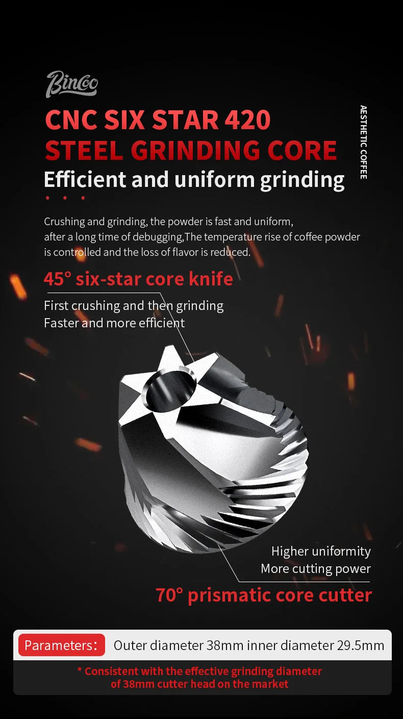 Bincoo Manual Coffee Grinder 38mm CNC 420 6-Star Steel Burr 9-Grade External Adjustment Aluminum Body for Precise Hand Grinding