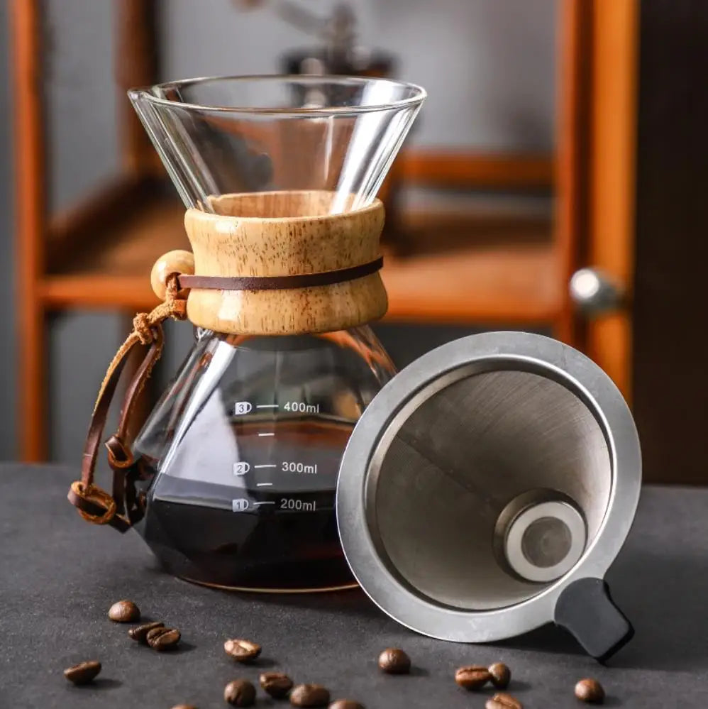 Glass Coffee Pot with Stainless Steel Filter Drip Brewing Hot Brewer Hand Brewed Coffee Pot with Filter Pour Over Coffee Maker