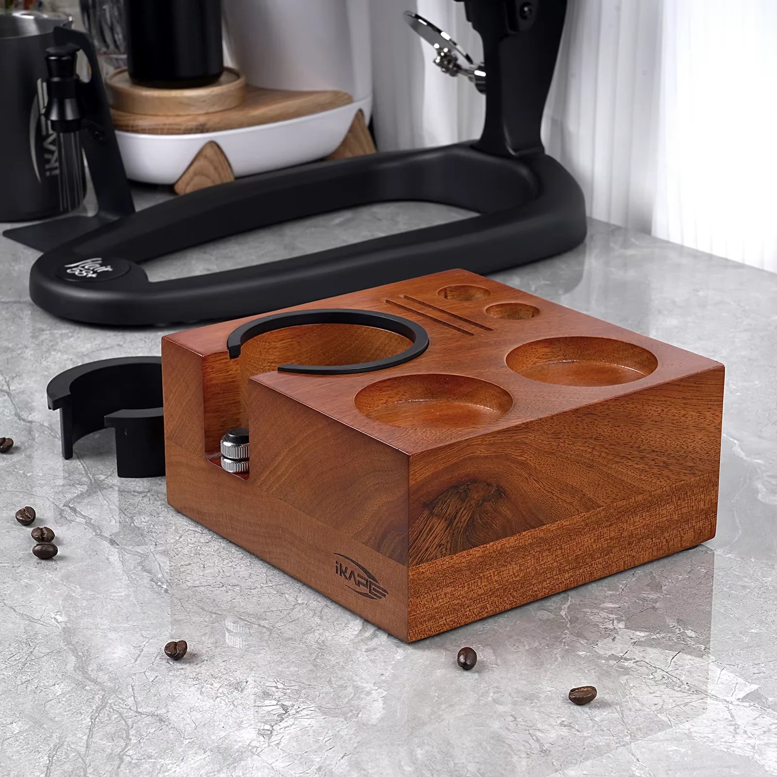 IKAPE Espresso Tamper Holder, 7 in One Wooden Coffee Tamper Station Base Natural Walnut Espresso Tamp Mat Stand fit 51/54/58mm