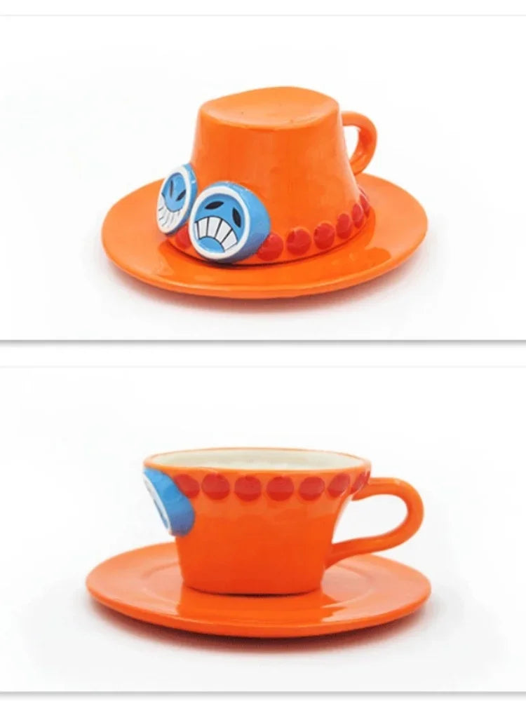Anime Coffee Mug with Saucer Creative Luffy Ace Sabo Three Brothers Hat Shaped Ceramic Coffee Cup Child's Birthday Gift Cup