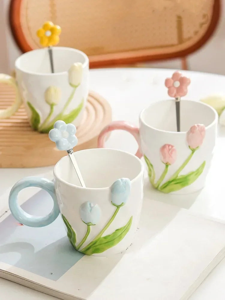 500ml 3D Tulip Pattern Ceramics Mug with Spoon Hand Carved Comfortable handle Coffee Cup Breakfast Milk oatmeal cup Girl Gift