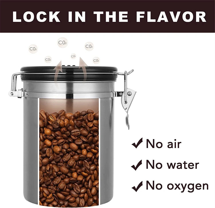 LMETJMA 1.8L Coffee Canister For Ground Coffee Stainless Steel Coffee Storage Canisters With Scoop for Beans Sugar Tea JT152