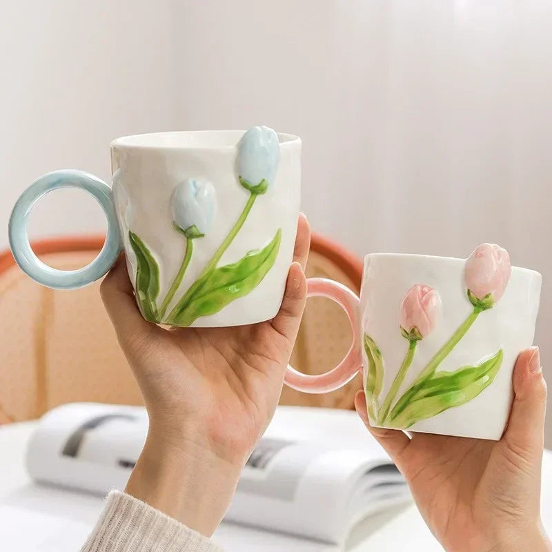 500ml 3D Tulip Pattern Ceramics Mug with Spoon Hand Carved Comfortable handle Coffee Cup Breakfast Milk oatmeal cup Girl Gift