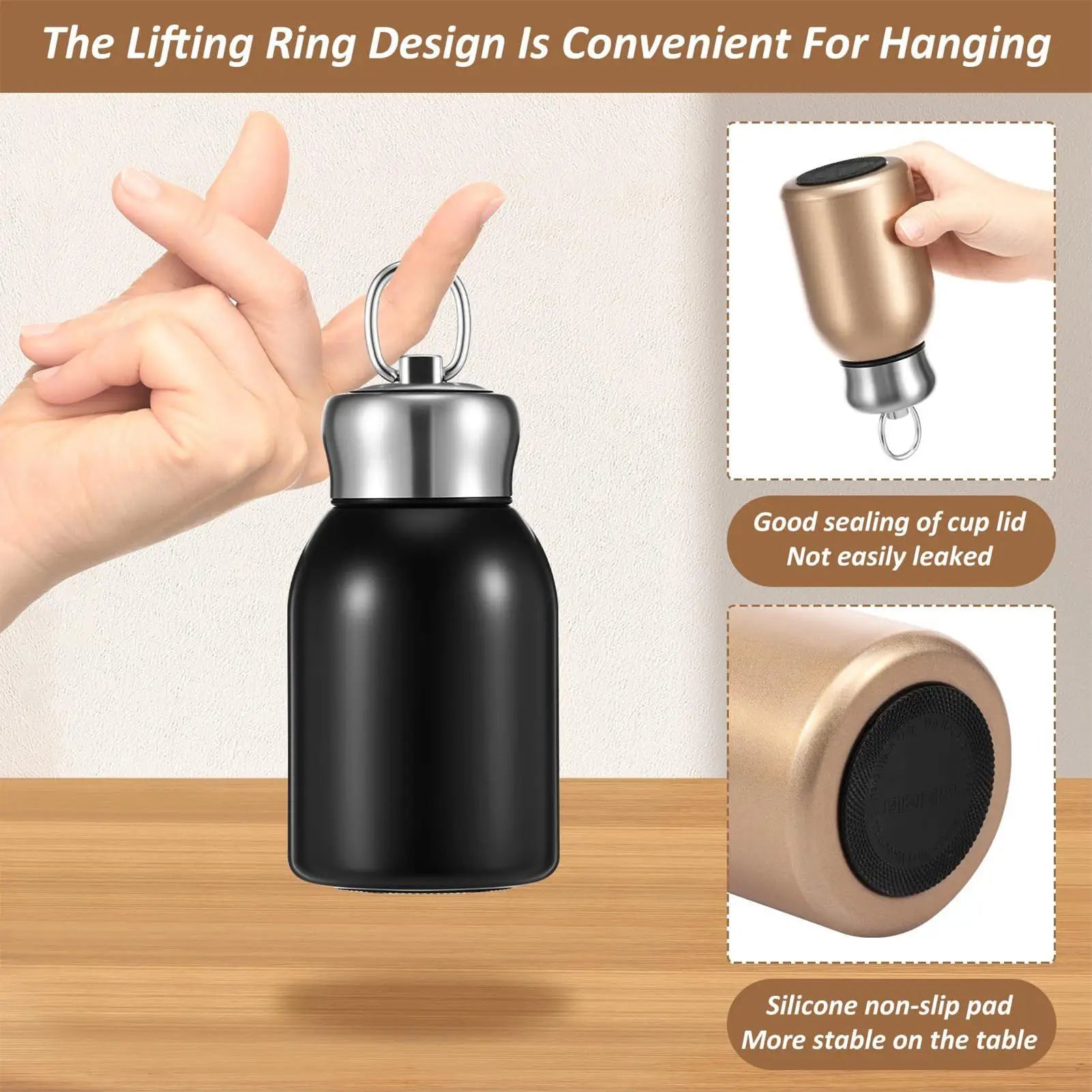 Portable Stainless Steel Water Bottle 300ml Leak-Proof Mini Insulated Coffee Bottle for Hot/Cold Drinks, Travel, Camping, Hiking