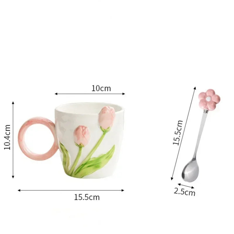 500ml 3D Tulip Pattern Ceramics Mug with Spoon Hand Carved Comfortable handle Coffee Cup Breakfast Milk oatmeal cup Girl Gift