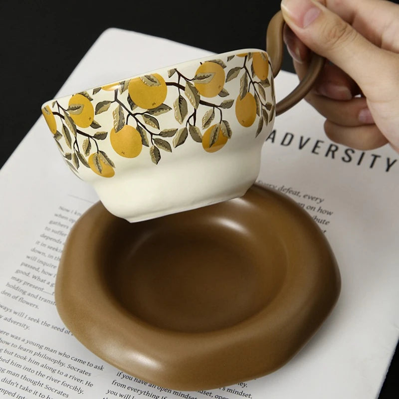 Vintage Lemon Pomegranate Ceramic Mug Dish Set Creative Handle Coffee Latte Mug Juice Cup Milk Cup Household Tea Cup Water Cups
