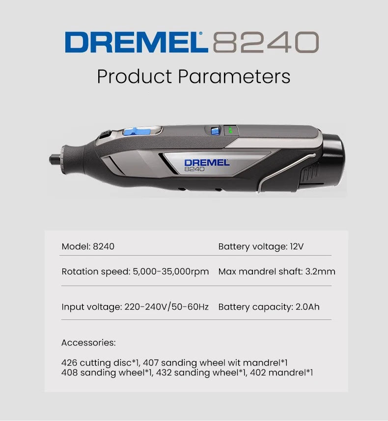 Dremel Cordless Electric Grinder 8240 N-5 12V Lithium-Ion Battery Variable Speed Rotary Tool for Polishing Grinding Cutting Sand