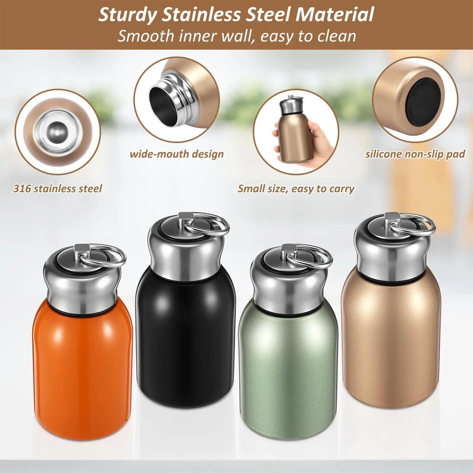 Portable Stainless Steel Water Bottle 300ml Leak-Proof Mini Insulated Coffee Bottle for Hot/Cold Drinks, Travel, Camping, Hiking