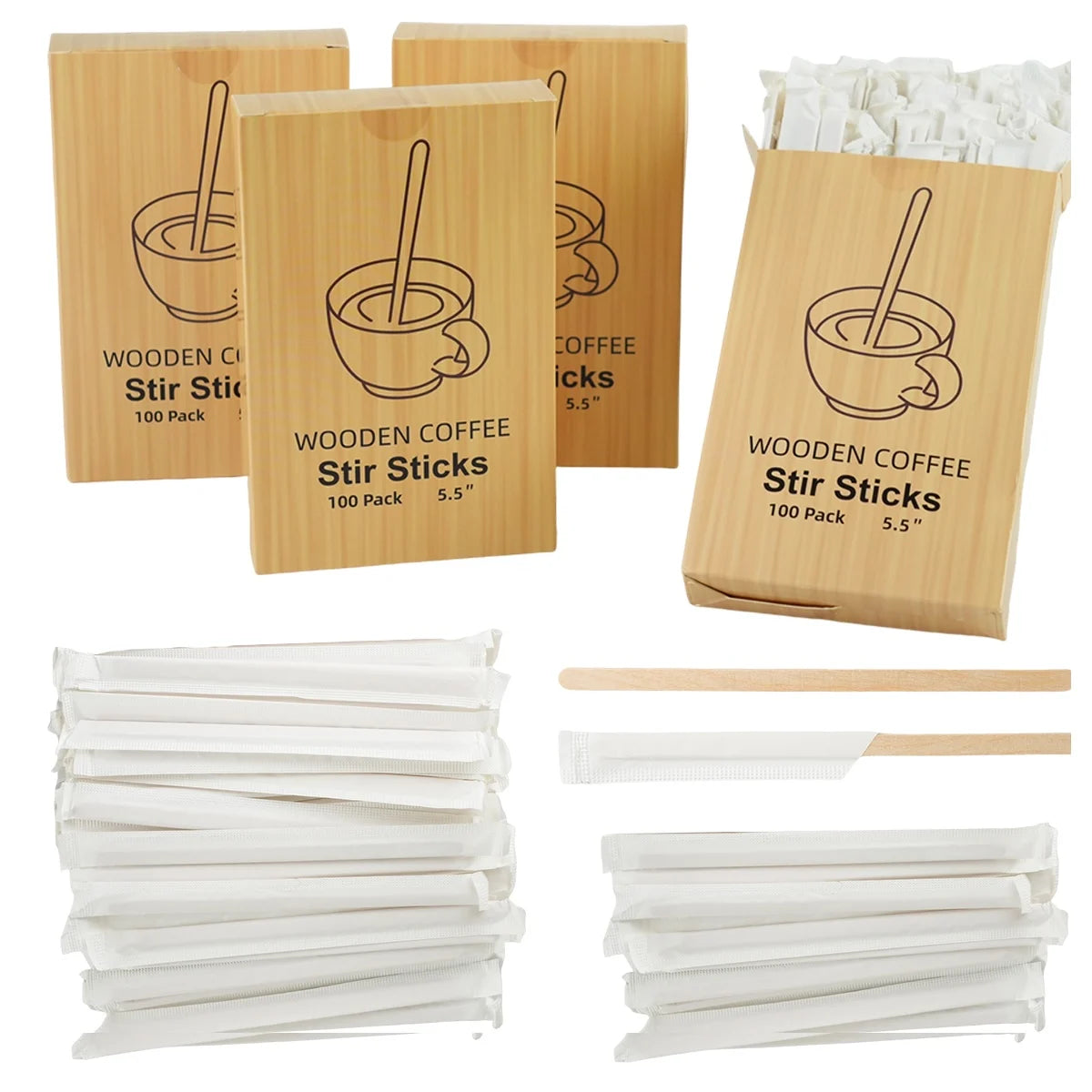 100/200pcs Individually Packaged Wooden Coffee Stirrers Disposable Eco-Friendly Stirrers for Coffee Cocktails Hot Beverages