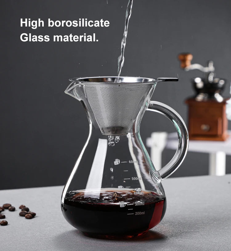 High Borosilicate Glass Coffee Sharing Pot, Pour Over Coffee Maker Set with Drip & Cold Brew Filter, Home Manual Coffee Brewer