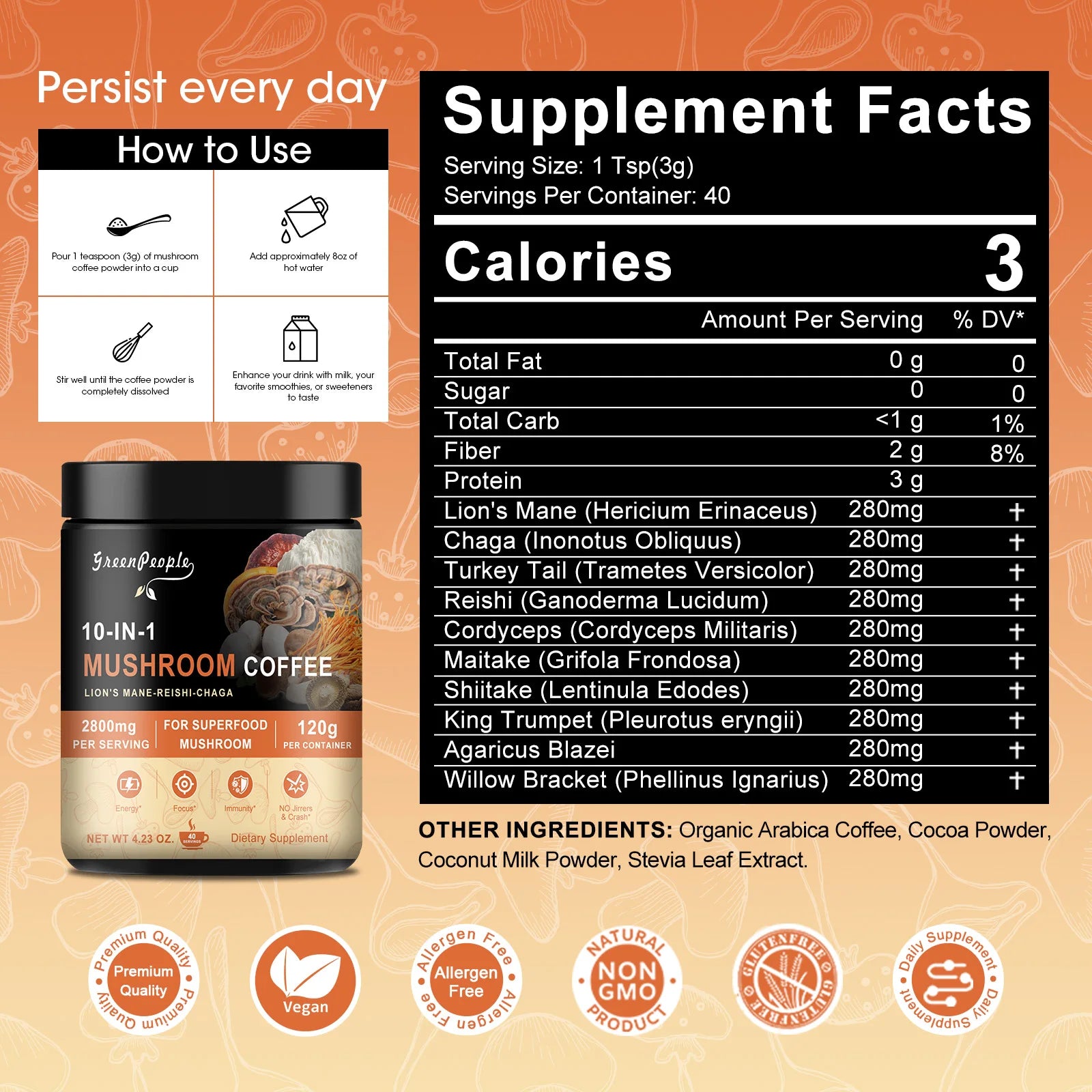 Organic Mushroom Ground Coffee with Lion's Mane Mushroom and Chaga for Better Focus and Immune Support Memory| 120g