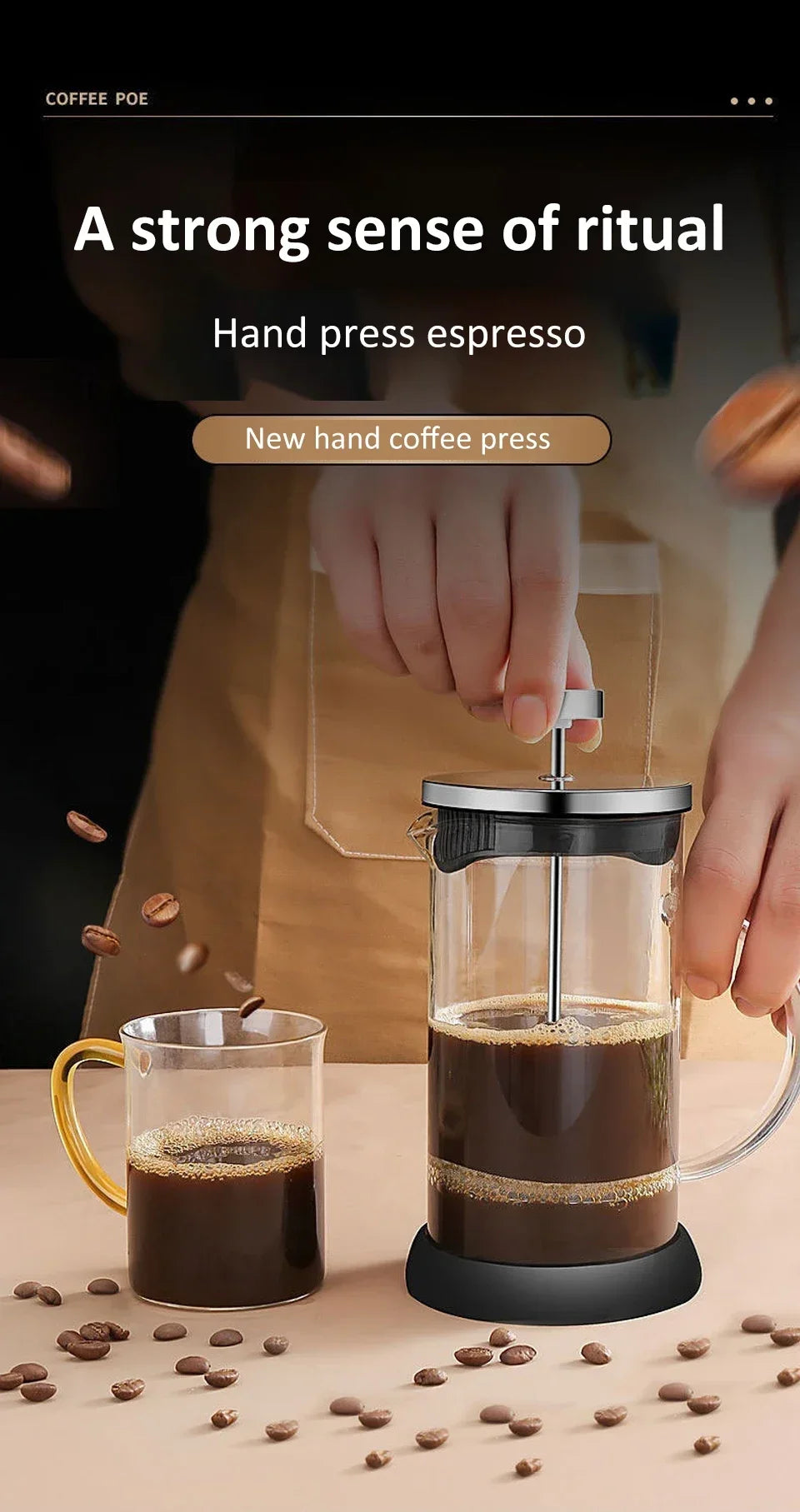 French Press Coffee Maker 28 Oz,Thickened Glass Stainless Steel Brewer,Cold Brew Cafetera Tea Pot for Kitchen Travel Camping