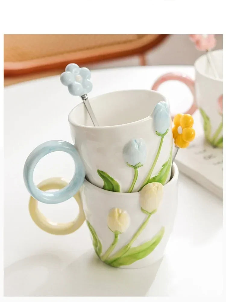 500ml 3D Tulip Pattern Ceramics Mug with Spoon Hand Carved Comfortable handle Coffee Cup Breakfast Milk oatmeal cup Girl Gift