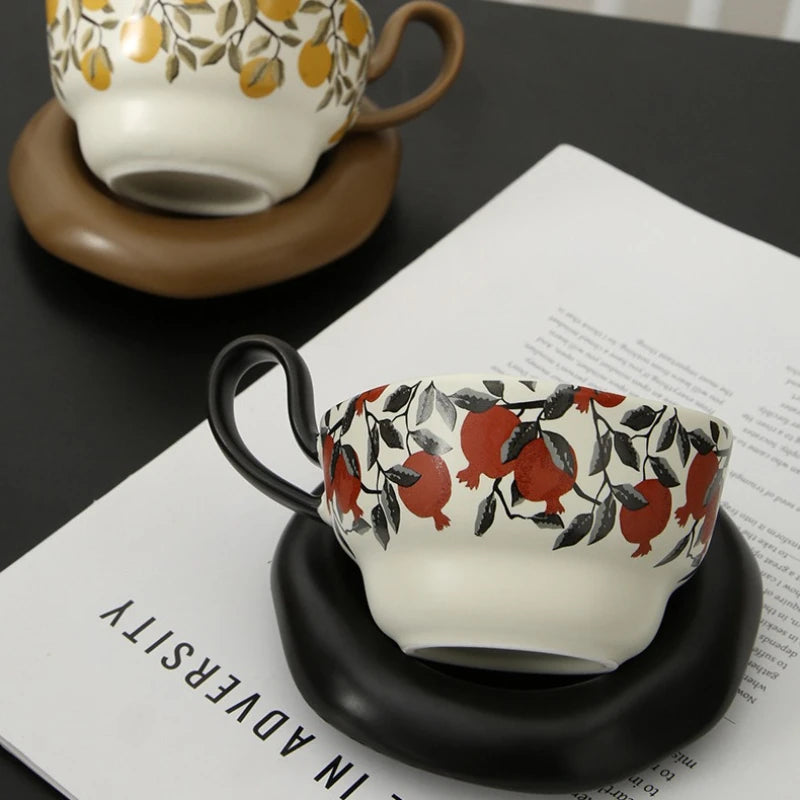 Vintage Lemon Pomegranate Ceramic Mug Dish Set Creative Handle Coffee Latte Mug Juice Cup Milk Cup Household Tea Cup Water Cups